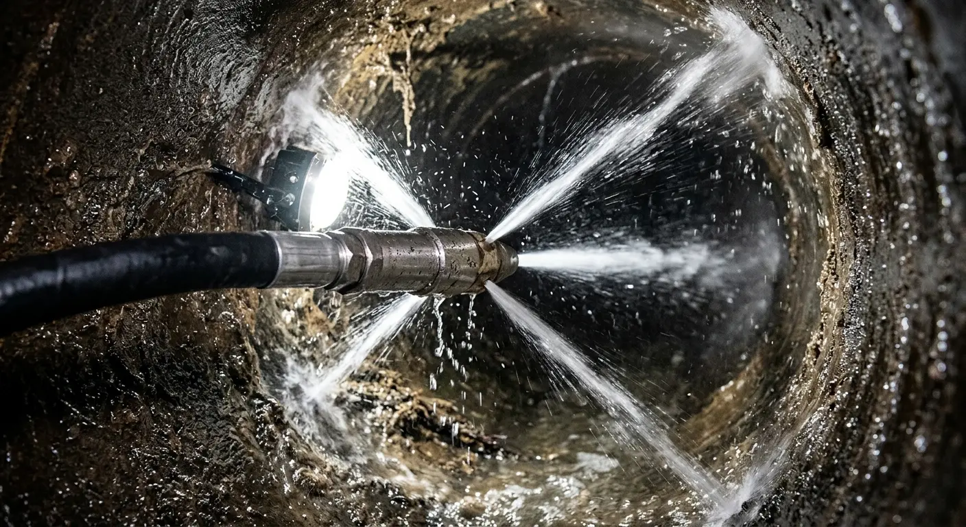 High-pressure hydro jetting nozzle cleaning sewer pipe for Trenchless Sewer Repair in Rochester