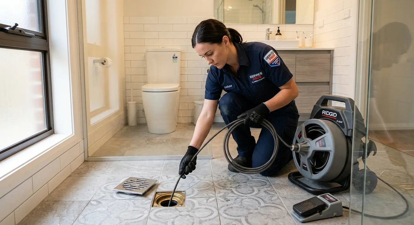 Technician clearing a bathroom floor drain for Sewer Line Replacement in Rochester